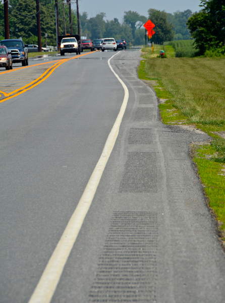 Recently installed rumble strips along Route 9 near Lewes. Photo credit: Ron MacArthur / Cape Gazette
