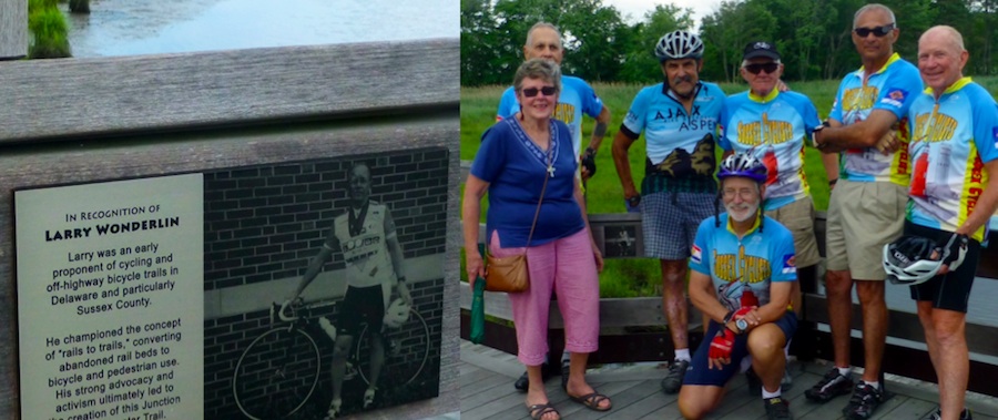 Plaque unveiled on Wednesday (left). Family and friends gather on the Junction & Breakwater Trail on Wednesday (right).
