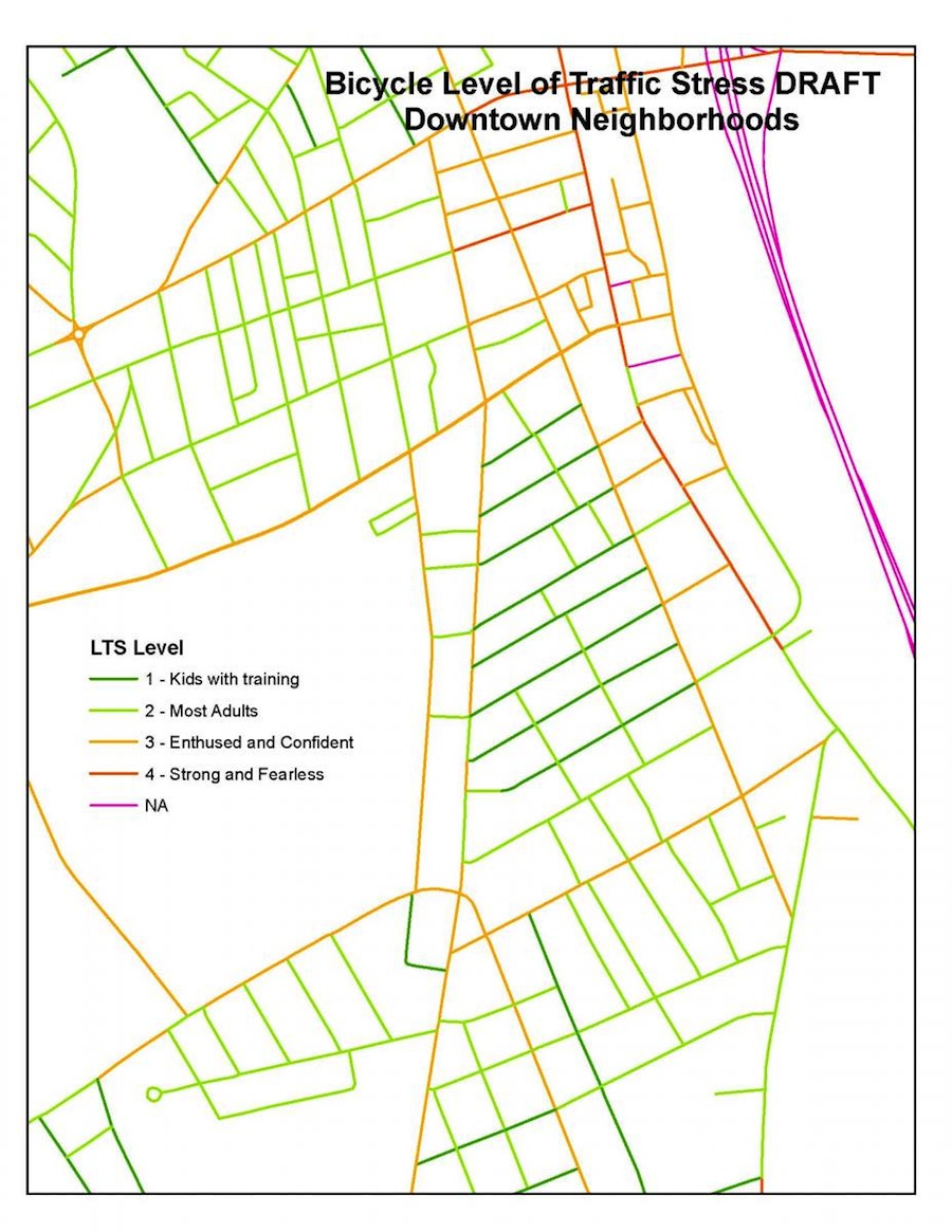 An example of what a "Level of Traffic Stress" map looks like.
