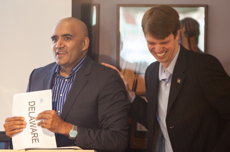 DelDOT Secretary Shailen Bhatt and DNREC Secretary Collin O'Mara preparing to announce Delaware's Bicycle Friendly State ranking at the 2013 Walkable Bikeable Delaware Summit.