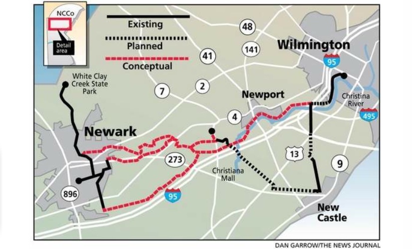 Proposed trail alignments between Wilmington and Newark
