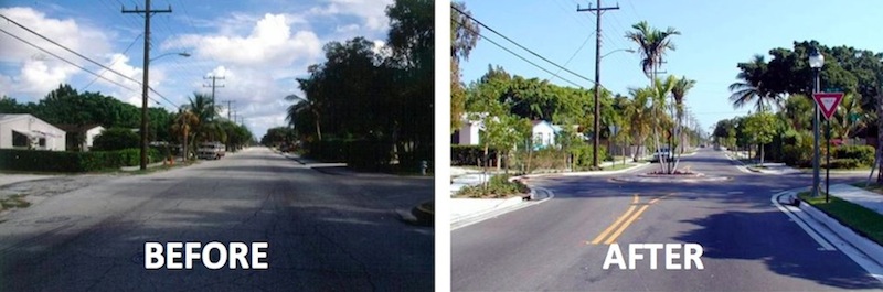 Photo credit: Ian Lockwood Intersection in West Palm Beach before and after traffic calming.
