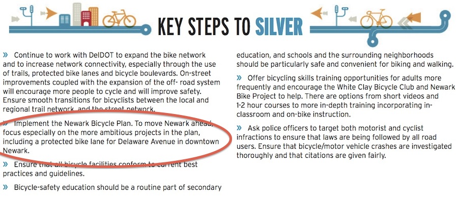 "Key Steps to Silver" from the the League of American Bicyclists' "report card" for Newark