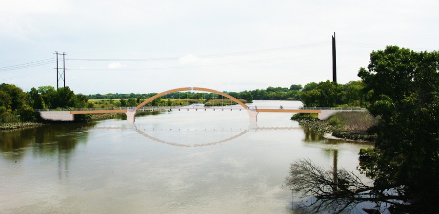 A rendering of the proposed bridge over the Christina River to complete the Wilmington-New Castle Greenway. Funding for this bridge was included in the capital budget passed yesterday by the Delaware General Assembly's Joint Committee on Capital Improvement.