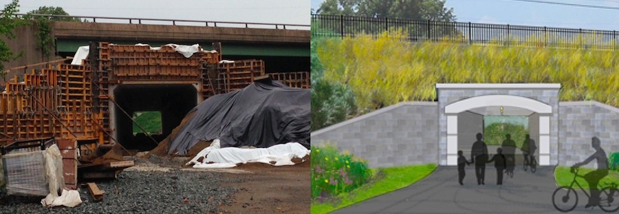 Work has started (left) on the Route 13 underpass that will connect Phase 1 and Phase II of the Wilmington-New Castle Greenway. A rendering (right) of what the tunnel will look like when complete.