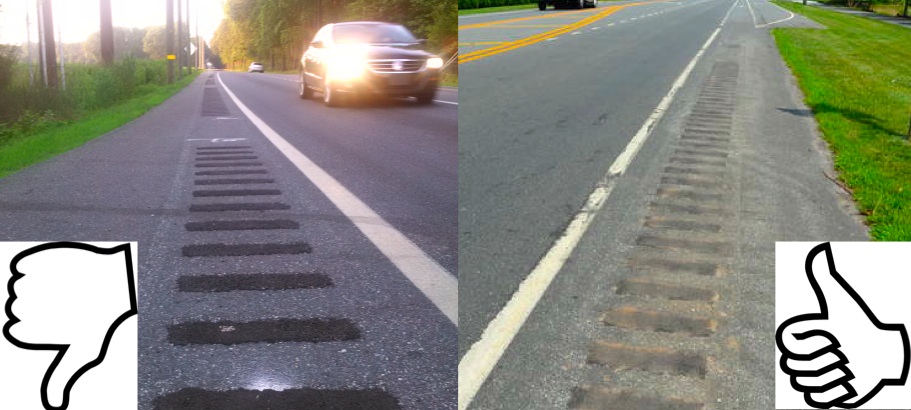 (Left) 1st test of patch for bad rumble strips on Route 24 near Robinsonville Road (Right) 2nd test of patch for bad rumble strips on Route 9 near Lakeview Boulevard (Phote credit: Cape Gazette).  
