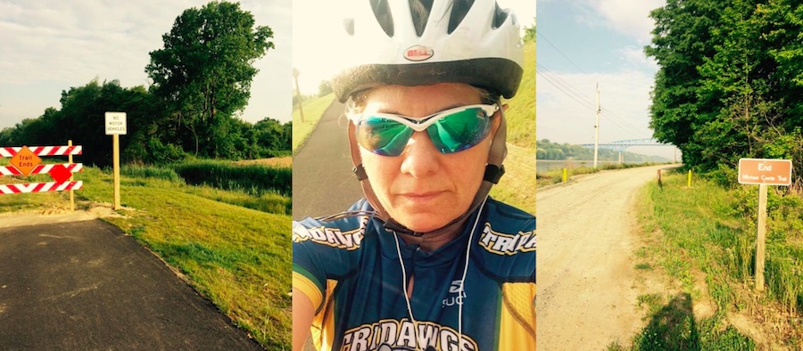 Current east end of trail (left); Representative Valerie Longhurst represents Delaware City and Bear (center); In West, trail turns to dirt.  Longhurst: "For all my runners and cyclists the Mike Castle trail is officially 8 miles from Summit Bridge to Delaware City. Great ride sailboats, snakes, red fox and rabbits. Awesome ride."